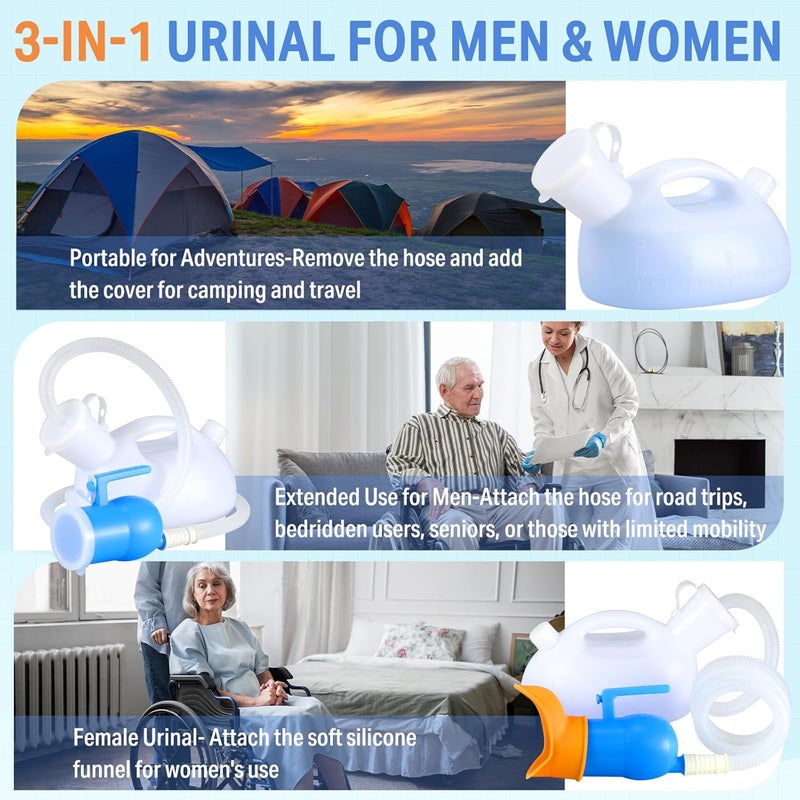 ONEDONE Urinals for Men Women - Portable Urine Bottle Spill Proof Female Urinals Pee Bottle w/Separate Urine Outlet Soft Funnel 68 OZ Urinal for Women Hospital Home Camping Leakproof 47" Long Tube White - Image 2